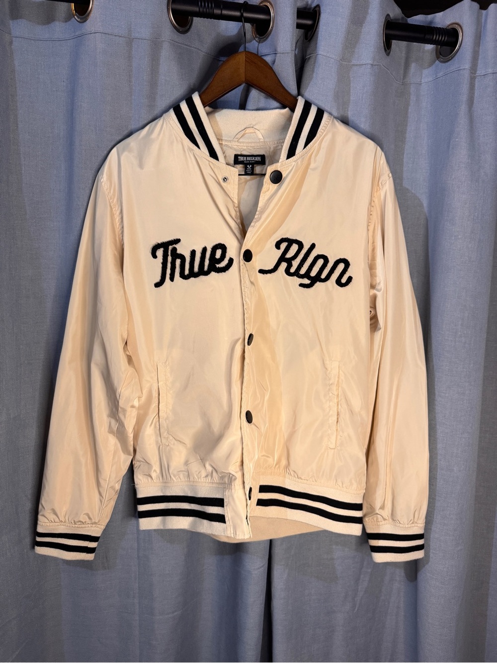 True Religion Cream and Black Snap Bomber Jacket